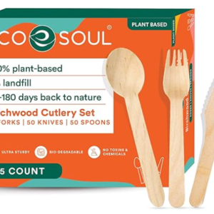 ECO SOUL 100% Compostable Cutlery [175-Pack] Disposable Wooden Cutlery Set I 100% Natural, Sturdy, Eco-friendly, Utensils Set I Biodegradable (75 Fork,50 Spoon, 50 Knife)